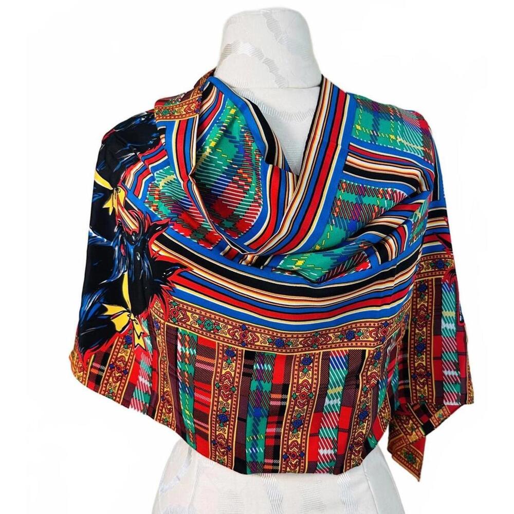 VTG 80's Bob Mackie 100% Silk Vibrant Multicolor Scarf w Scottish Terrier Motif